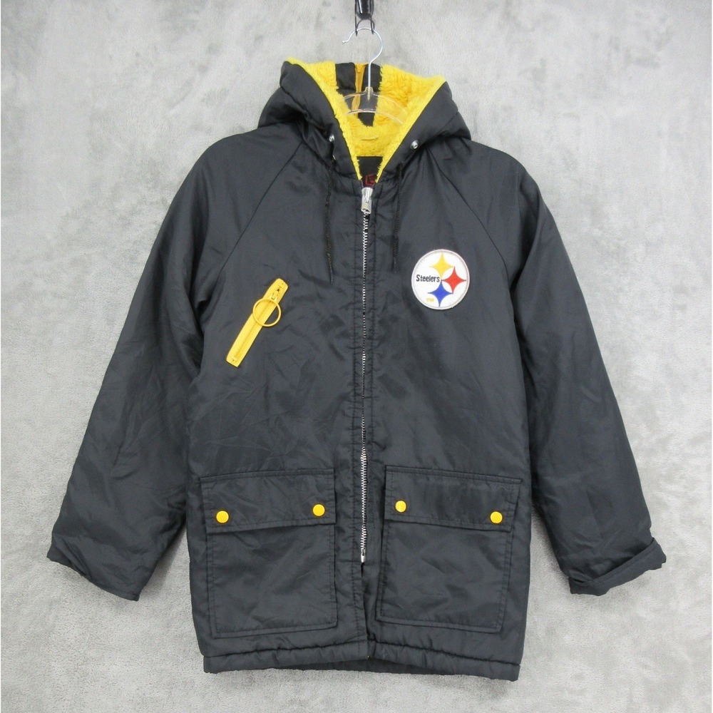 Vintage Pittsburgh Steelers Jacket Boys 16 NFL Sears 80s Black Yellow Hooded Fur